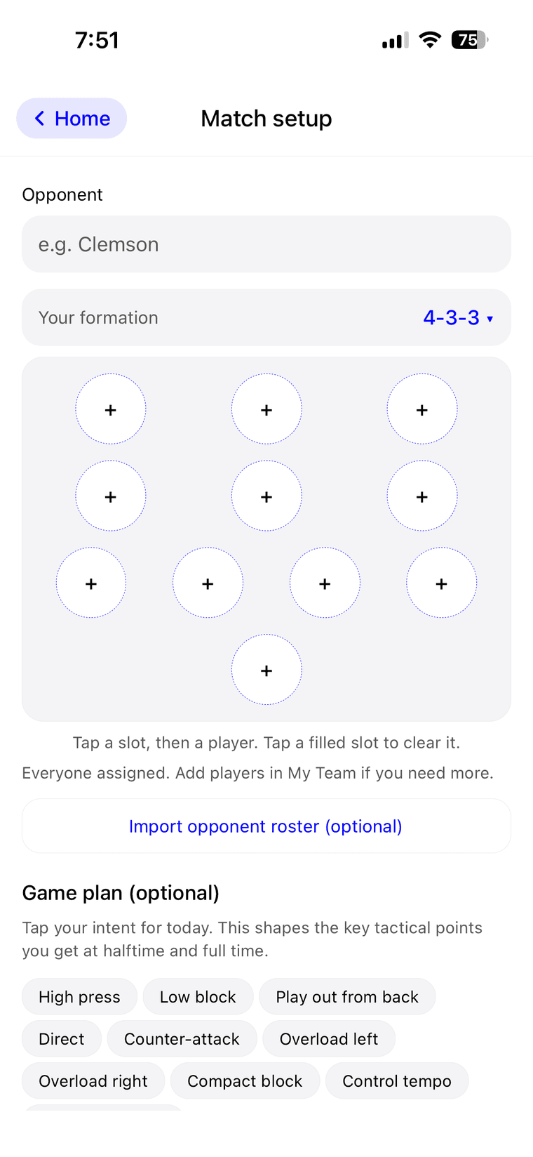 TalentEcho match setup, choosing a formation and a game plan for the day.