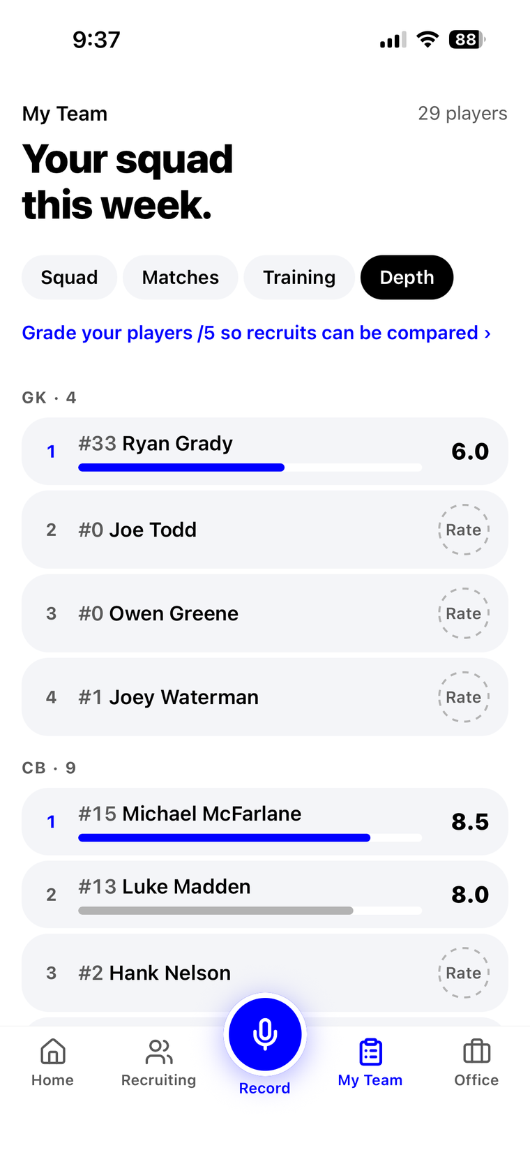 TalentEcho My Team depth chart, ranking each player by position with a score out of 10 and strength and work-on tags.