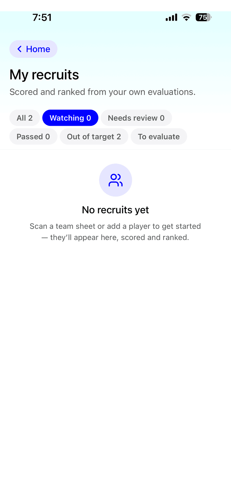 TalentEcho recruiting board, with players scored and ranked from your own evaluations.